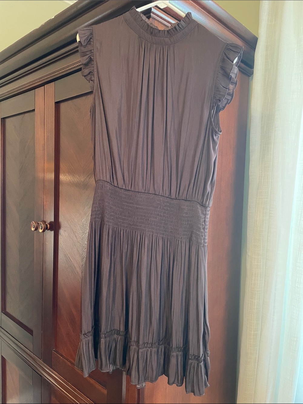 Women's Chocolate satin  Ruffle Sleeve Midi Dress